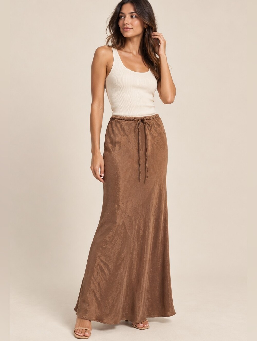 Zara Brown Lyocell Satin Drawstring Maxi Skirt Size M